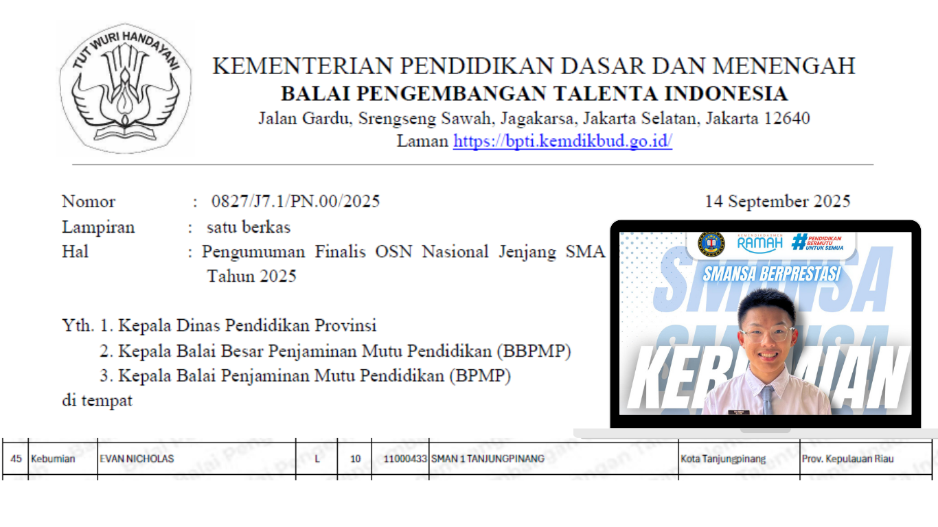 Evan Nicholas, Murid SMA Negeri 1 Tanjungpinang Raih Prestasi Lolos Final OSN Tingkat Nasional 2025