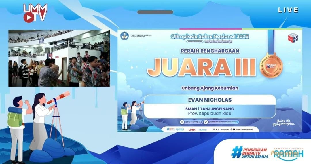 Evan Nicholas Ukir Prestasi, SMAN 1 Tanjungpinang Raih Juara 3 OSN 2025 Tingkat Nasional Cabang Kebumian